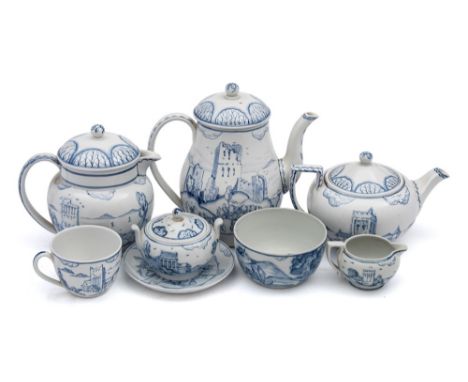 Alfred Powell for Wedgwood a creamware tea and coffee service: comprising a teapot, coffee pot, hot water jug, sugar box, cre