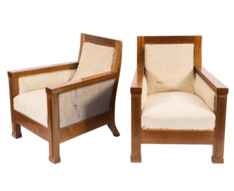 A pair of Swedish mahogany armchairs:, of square form, with curved upholstered panel backs, plain arm supports and upholstere