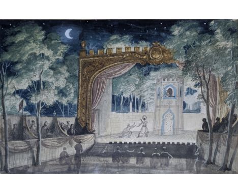 Oliver Messel (1904-1978), open air theatre ballet stage, ink drawing and watercolour, H.19cm W.29cm Provenance: Acquired by 