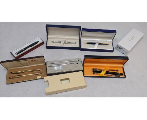 A collection of pens, Cross rolled gold ball point and pencil, Cross chrome ball point and pencil, 3 Waterman ball points and