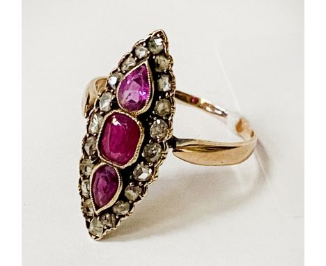 18CT GOLD ROSE CUT DIAMOND &amp; RUBY RING SIZE O