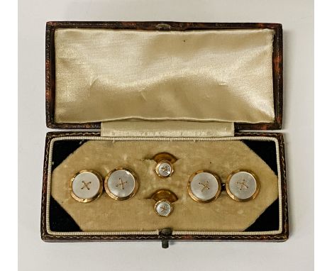 SET OF 9 CARAT GOLD &amp; MOTHER OF PEARL CUFFLINKS / COLLARSTUDS