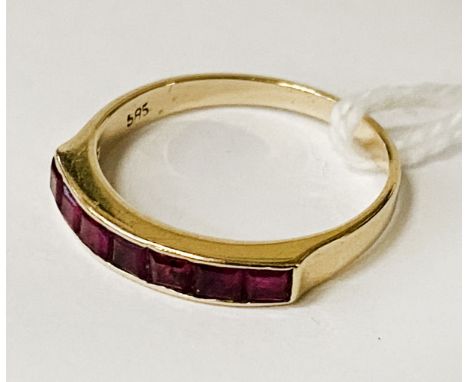 14 CARAT GOLD AND SEVEN RUBY HALF ETERNITY RING - SIZE L