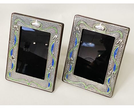 PAIR OF HM SILVER &amp; ENAMEL PHOTO FRAMES 19CMS X 15CMS 