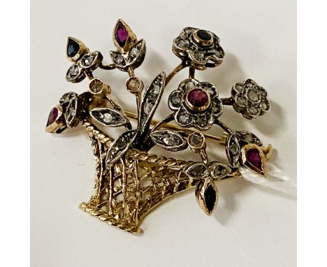18CT GOLD &amp; OLD CUT DIAMOND, RUBY &amp; SAPPHIRE BROOCH