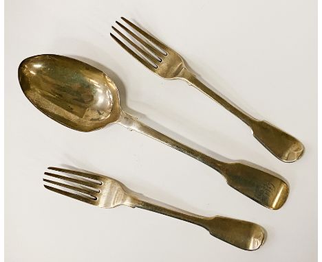 TWO LONDON SILVER FORKS - GEORGIAN WITH A GEORGIAN SILVER SPOON - APPROX 5 OZ