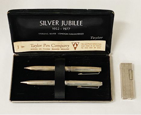 TWO HM SILVER TAYLOR PENS &amp; STERLING SILVER CIGARETTE LIGHTER - COLIBRI