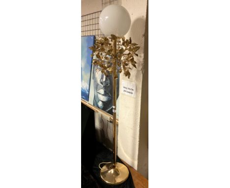 BRASS LEAF STANDARD LAMP WITH WHITE OPALINE GLASS GLOBE SHADE