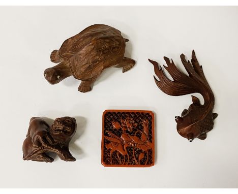 3 WOODEN NETSUKE &amp; SMALL COASTER