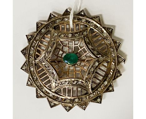 SILVER &amp; 14CT GOLD EMERALD &amp; OLD CUT DIAMOND BROOCH