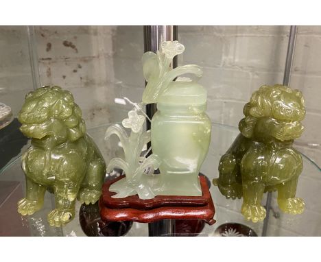 TWO JADE FOO DOGS &amp; A VASE