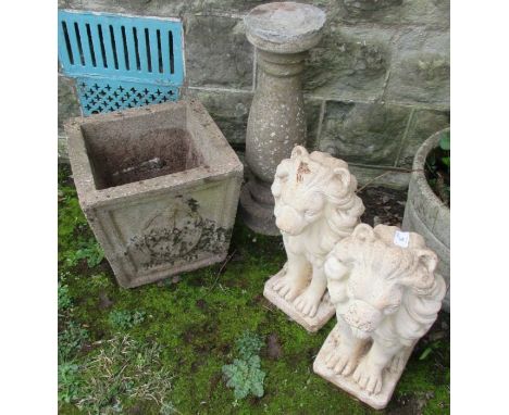 A pair of ornamental garden lions, together with planter and column&nbsp;&nbsp;