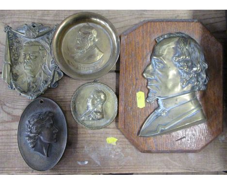 Jones &amp; Mason Casting Ltd oval brass portrait plaque, together with four other plaques, one on an oak back