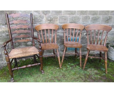 A ladder back armchair, together with 3 kitchen chairs&nbsp;