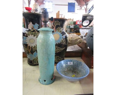 A Ruskin mottled blue bowl, stamped Ruskin England 1927, height 8.5ins, together with a Ruskin table lamp, af large crack thr