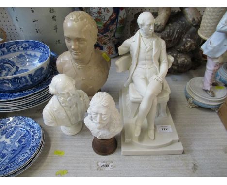 A 19th century parian figure, of a seated gentleman, af, together with a bust of Alexander the First and two other busts
