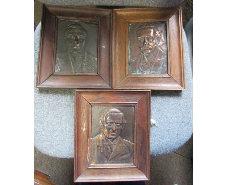 Three framed metal portrait plaques, of Chamberlain, Asquith and Balfour, 6.75ins x 4.75ins