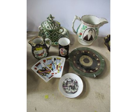 A 19th century English porcelain jug, decorated with portraits of Denman and Brougham, af, together with a 19th century sparr