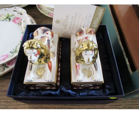 A pair of Royal Worcester Trafalgar Lions, boxed with certificate