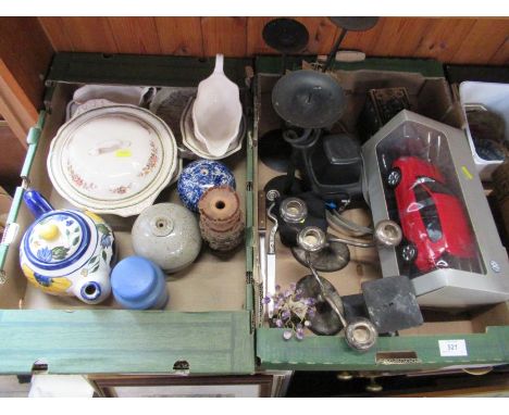 Two boxes of assorted china, together with Golf GTI, Kodac Brownie etc, steiff bear and compact