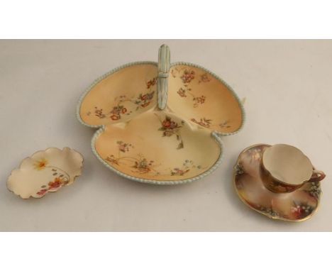 A Graingers Worcester blush ivory hors d'oeuvre dish, decorated with flowers, together with a Royal Worcester pin dish and a 