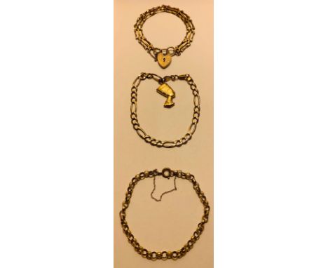 9ct GOLD BRACELET WITH UNMARKED PHARAOH CHARM, WEIGHT APPROX 12.85g, 9ct GOLD GATE CHARM BRACELET WITH HEART LOCK, 9ct GOLD, 