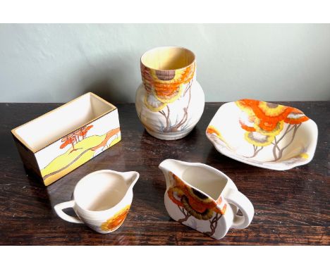 FIVE PIECES OF CLARICE CLIFF BIZARRE POTTERY

 