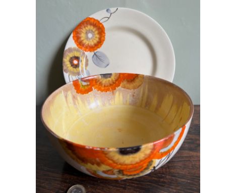 CLARICE CLIFF BIZARRE BOWL AND PLATE, BOWL DIAMETER APPROX 20.75cm, PLATE DIAMETER APPROX 23cm

 