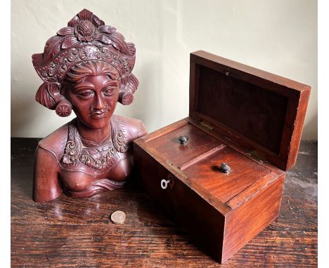 INDONESIAN HARDWOOD BUST AND ALSO TWO SECTION MAHOGANY TEA CADDY

 