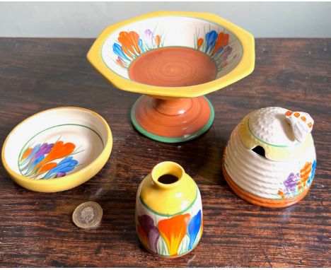 THREE PIECES OF CLARICE CLIFF CROCUS PATTERN AND SMALL NEWPORT POTTERY VASE