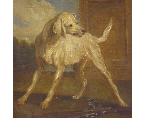 Oil on wood panel, portrait of a dog standing beside a flintlock rifle, unsigned, 11" x 9", framed 