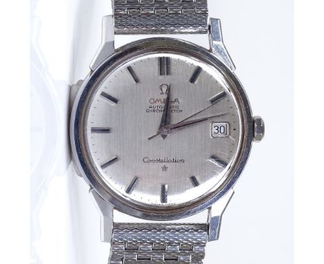 OMEGA - a stainless steel Constellation automatic chronometer wristwatch, circa 1960s, brushed silvered dial with baton hour 