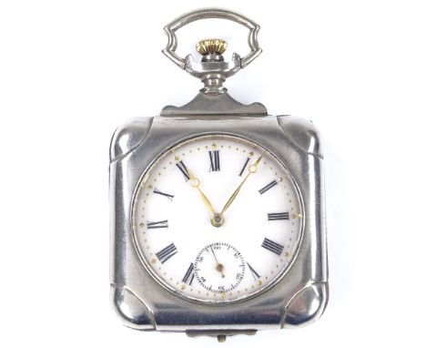 A square silver plated open-face top-wind pocket watch, white enamel dial with Roman numeral hour markers and subsidiary seco