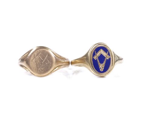 A 9ct gold blue enamel swivel Masonic signet ring, setting height 13.9mm, size U, together with a similar 9ct Masonic signet 