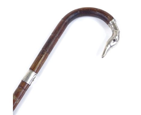 A First War Period silver-mounted walking cane, with swan's head handle, hallmarks London 1917 