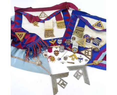 A collection of Masonic regalia, including several 9ct gold and enamel jewels (50g total) 