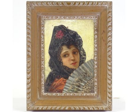 19th/20th century oil on canvas, portrait of a Spanish girl with a fan, indistinctly signed, 13" x 8.5", carved wood frame 