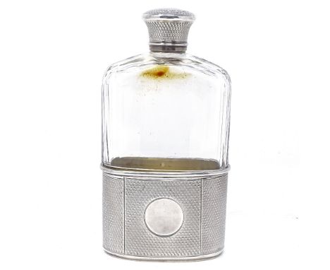 A Victorian silver and cut-glass hip flask, with engine turned screw cap and removable beaker with gilt interior, by Wright &