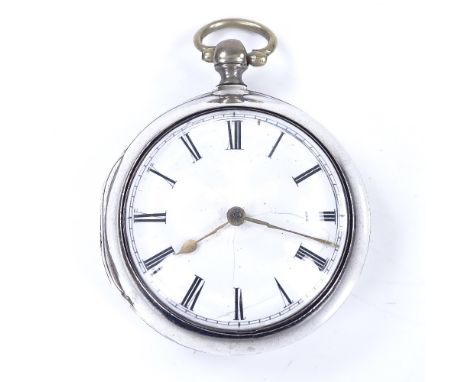 A 19th century silver pair-cased open-face key-wind Verge pocket watch, by J Fleming of Liverpool, white enamel dial with Rom