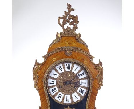 A German reproduction kingwood and marquetry balloon-cased bracket clock and bracket, allover cast ormolu mouldings and mount
