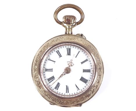 A 14ct gold fob watch, white enamel dial with Roman numeral hour markers and coloured enamel floral engine turned case, case 