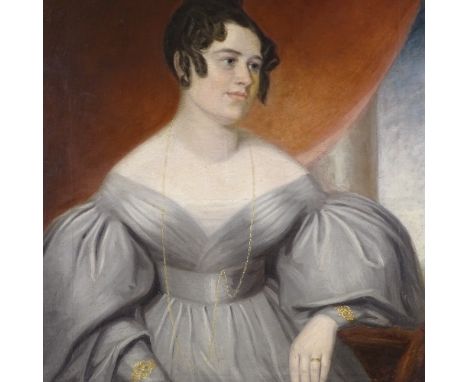 Mid-19th century English School, oil on canvas, half length portrait of a woman wearing a grey silk dress, unsigned, 24" x 20