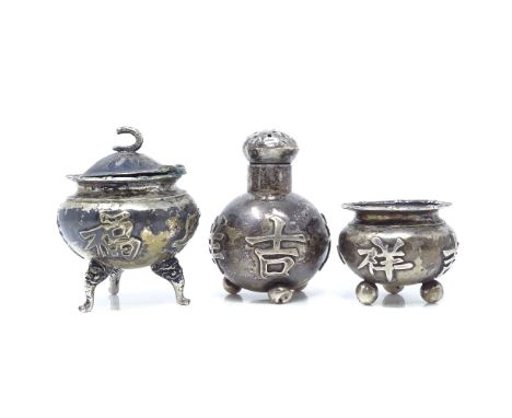 A 19th century Chinese export 3-piece silver cruet set, with character mark decoration and bun feet, by Luen Wo of Shanghai, 