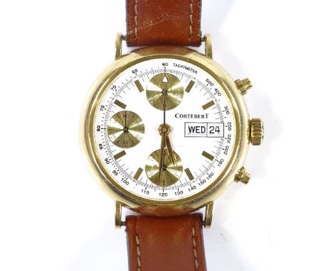 CORTEBERT - an 18ct gold automatic chronograph wristwatch, white dial with gilt baton hour markers, 3 subsidiary dials, day/d