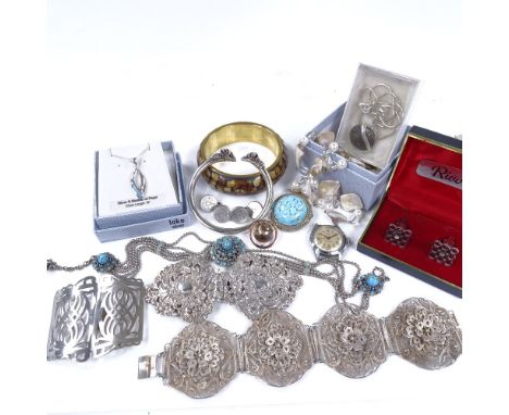 Various silver and other costume jewellery, including ram's head bangle, Maltese filigree bracelet, 14ct gold globe pendant e