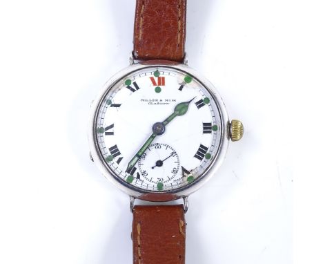 A First War Period silver-cased trench wristwatch, supplied by Miller &amp; Muir of Glasgow, white enamel dial with Roman num