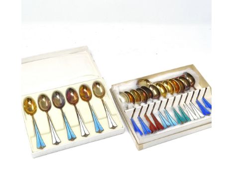 2 sets of David Andersen Norwegian sterling silver-gilt and coloured enamel coffee spoons, length 10cm (13 + 6) 