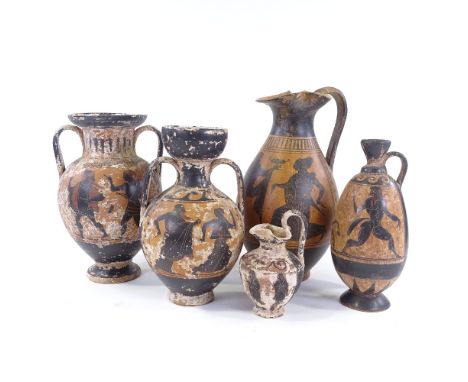A group of 5 Etruscan style ceramic vases and ewers, with hand painted Classical designs, largest height 29cm (5) 
