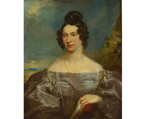 Early 19th century English School, oil on canvas, half length portrait of a young woman holding a book, unsigned, 30" x 25", 