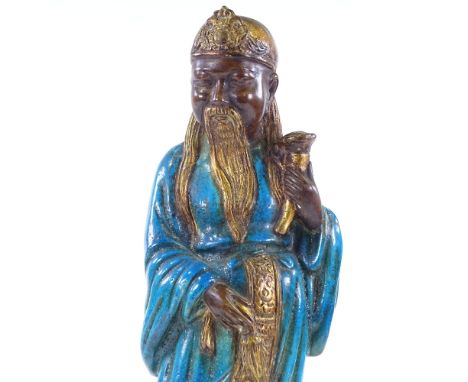 Ugo Urbano Zaccagnini Florence Italy, Italian gilded turquoise glazed ceramic Oriental deity, circa 1950s, signed under the b